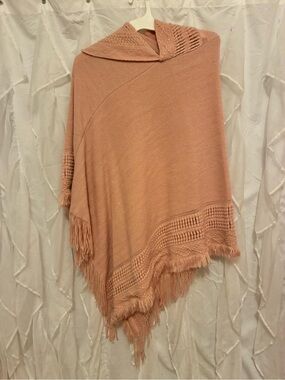 Peach Knit Fringe Poncho